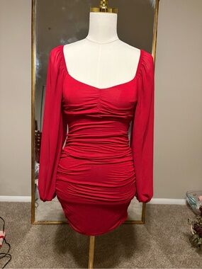 Red Ruched Long-Sleeve Mini Dress